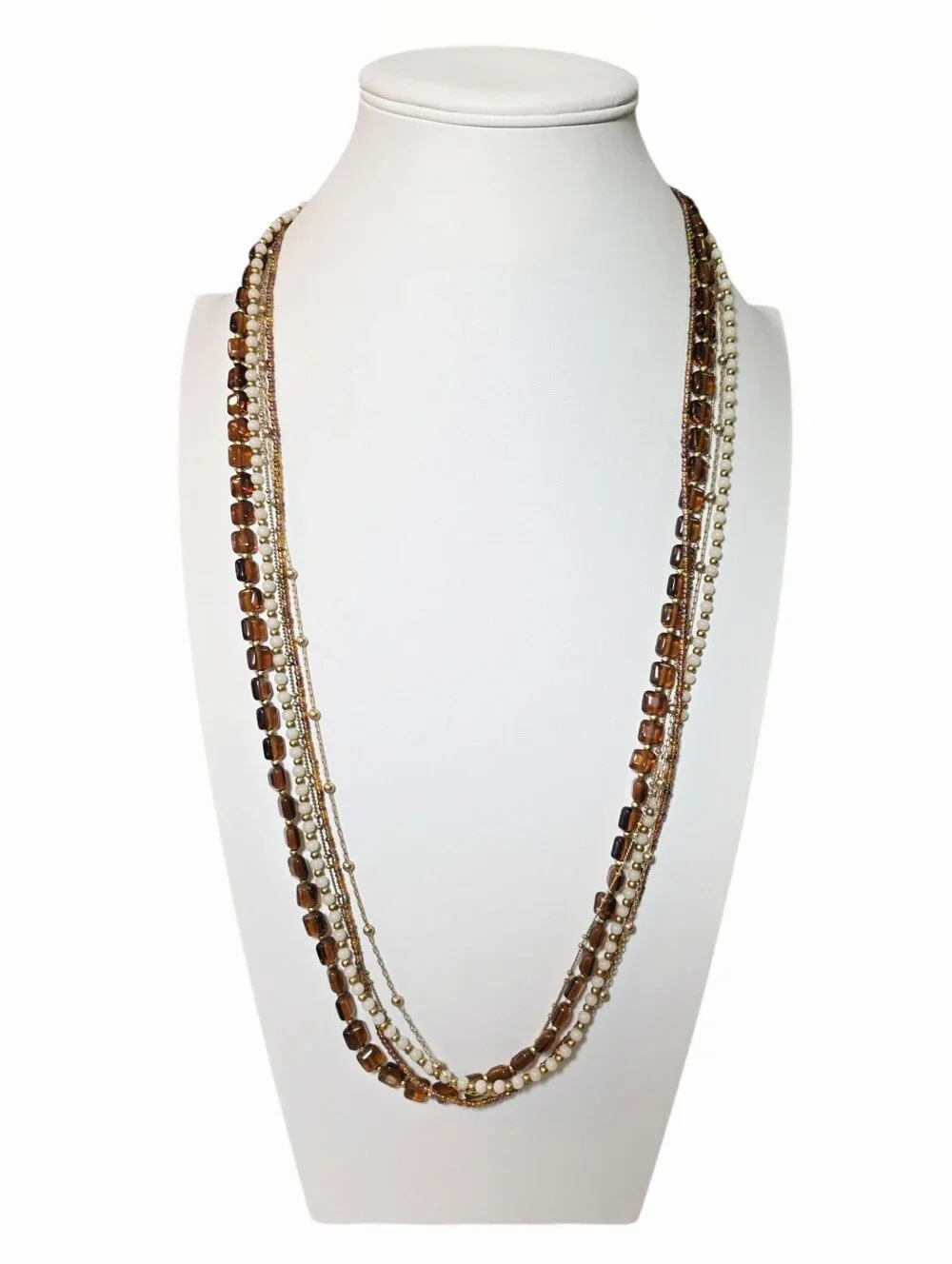 Premier Designs Multi-Strand Brown, White and Gold Beaded Long Necklace
